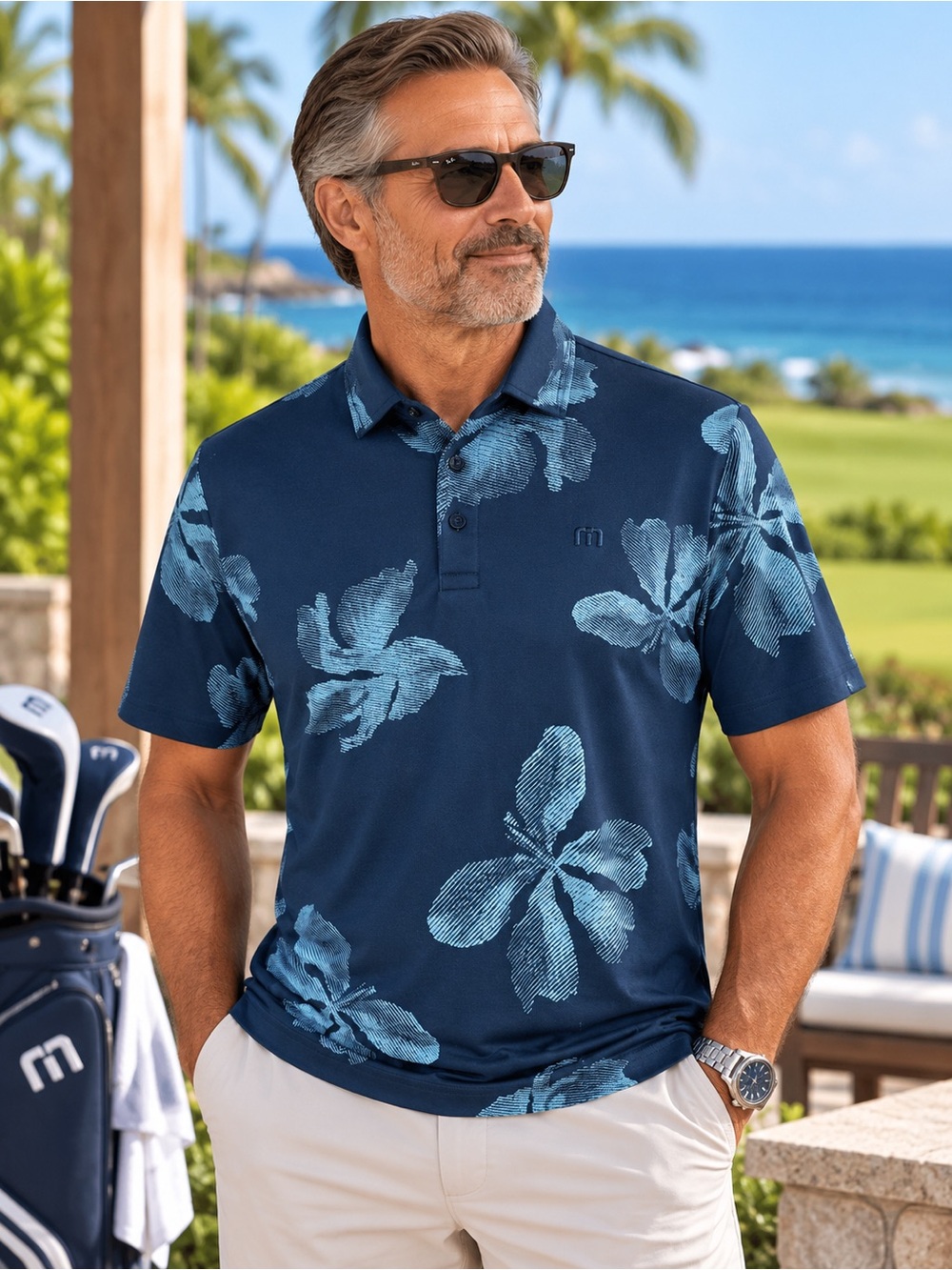 TravisMathew Men’s Floral Golf Polo Navy Blue Medium M